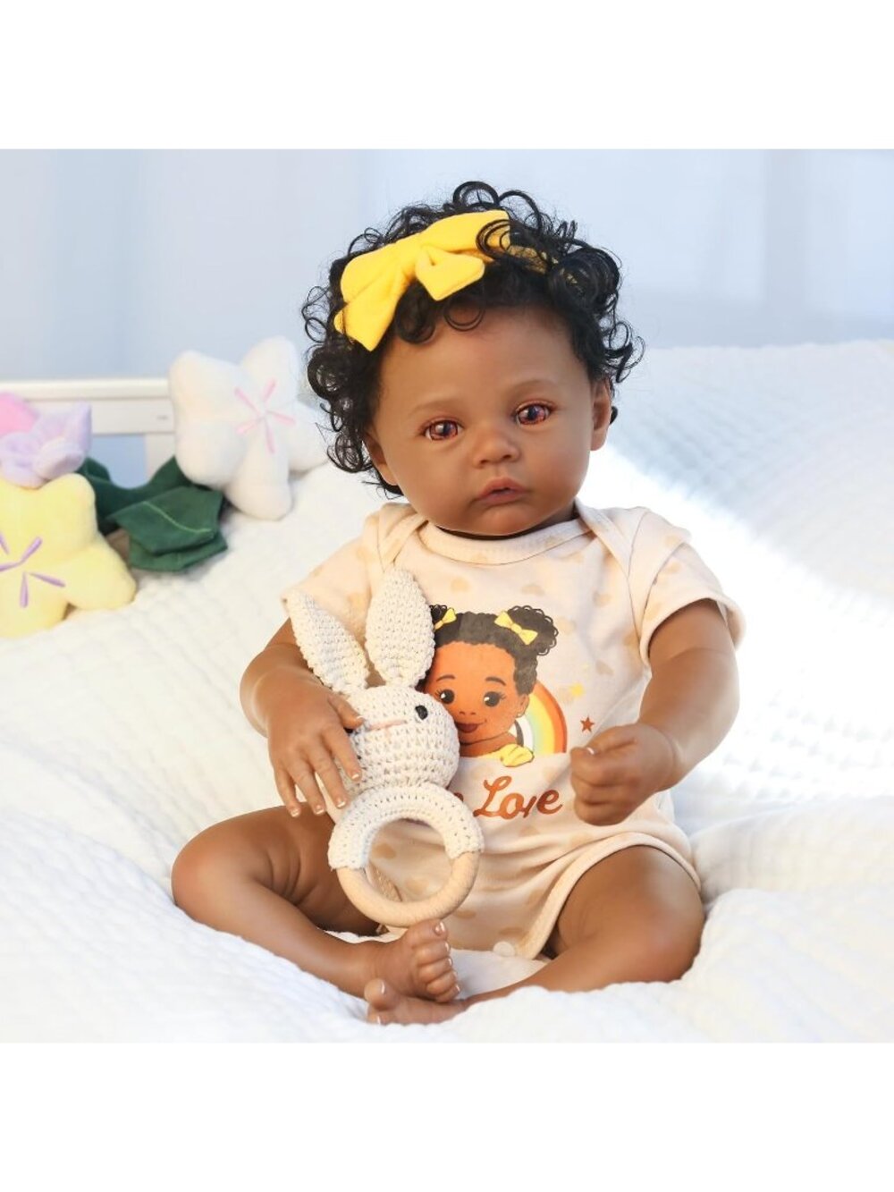 18 Inch Real Life Baby Doll African American with Rooted Curly Hair Cloth Body - Picture 5 of 6
